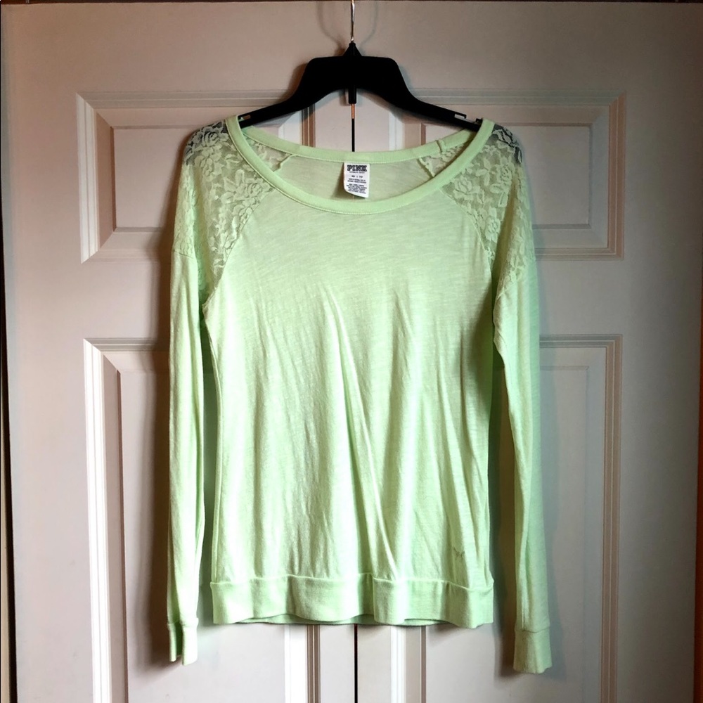 Pink Lime Green Long Sleeve Tee with Lace Detail